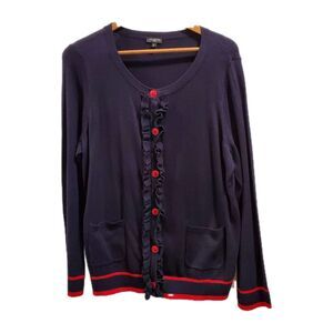 Talbots 1x Nautical Navy Blue Cardigan Sweater Red Anchor Buttons NWOT ruffle
